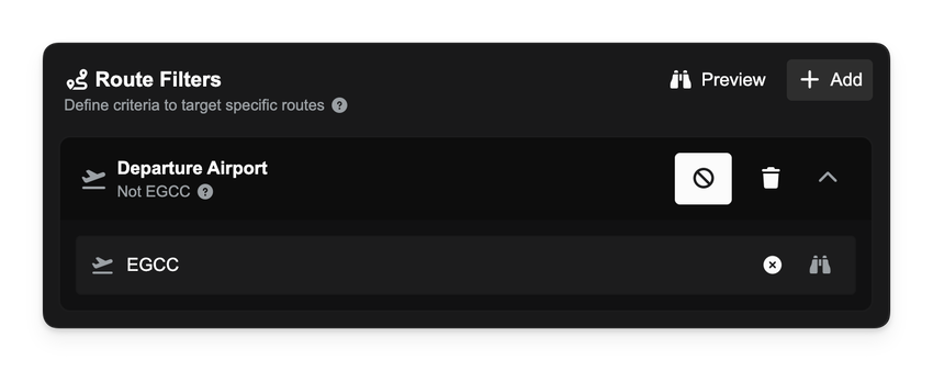 Pricing Strategy dialog showing a selected “Route departure airport = EGCC” filter with the new “ban” icon toggled on and chip text reading “Routes not departing from EGCC.”
