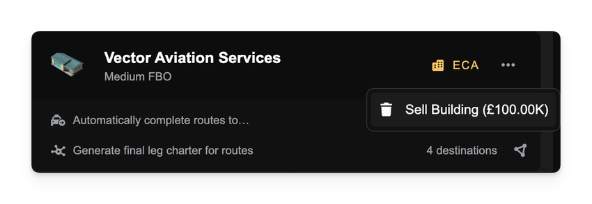 Building row overflow menu showing “Sell Building (£100.00K)” visible only for users with the Sell Buildings privilege.