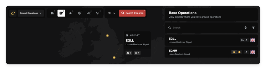Base Operations dock list with an OC size badge and several building icons on each row