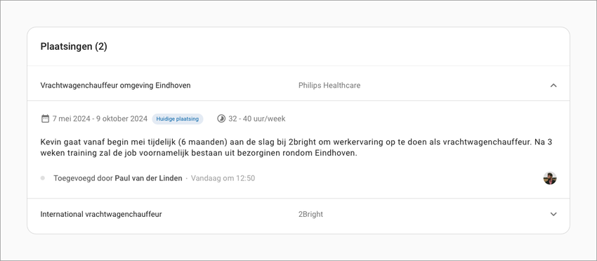 Plaatsing op dossier kandidaat