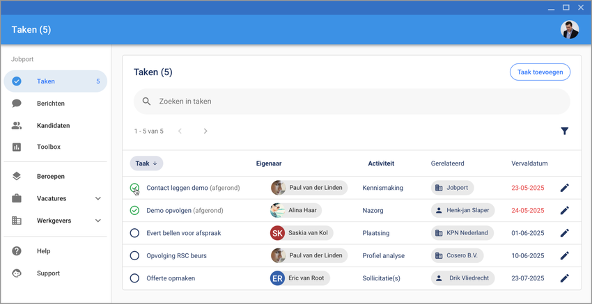 Taken-pagina in Jobport