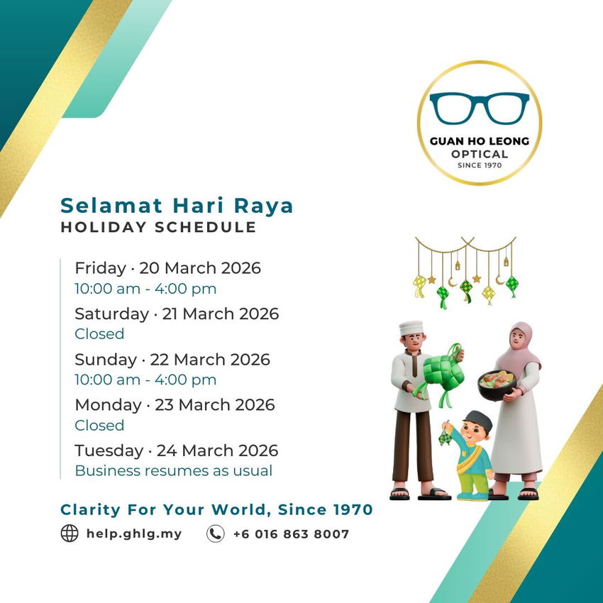 An updated Hari Raya Aidilfitri notice graphic for Guan Ho Leong Optical – BDC, showing hours: Fri 20 Mar 10am-4pm, Sat 21 Mar Closed, Sun 22 Mar 10am-4pm, Mon 23 Mar Closed. Resumes Tuesday 24 March 2026.