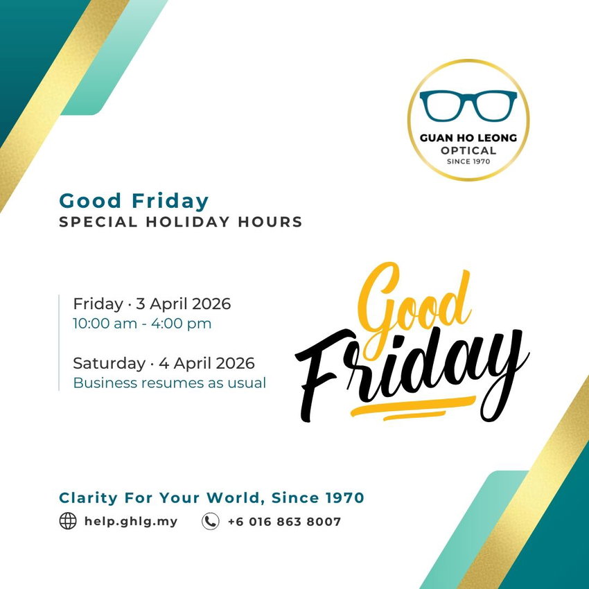 A Good Friday notice graphic for Guan Ho Leong Optical - BDC, showing special hours on Friday, 3 April 2026.