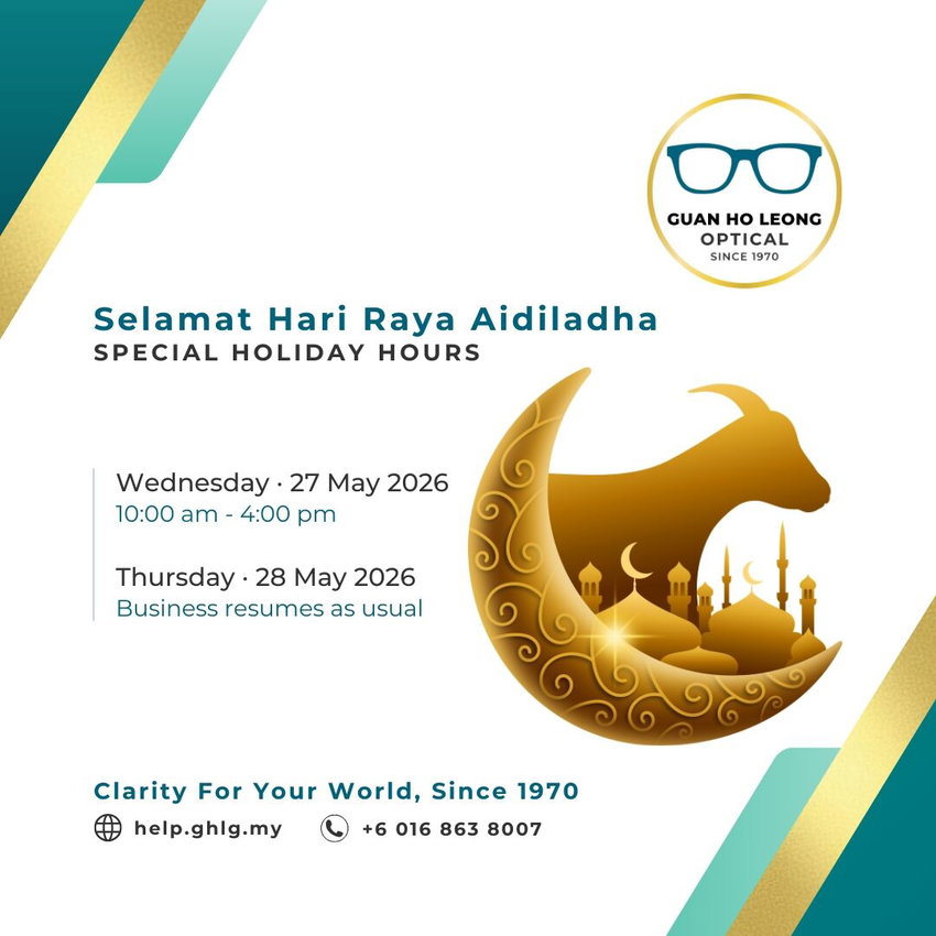 A Hari Raya Aidiladha notice graphic for Guan Ho Leong Optical - BDC, showing special hours on Wednesday, 27 May 2026.