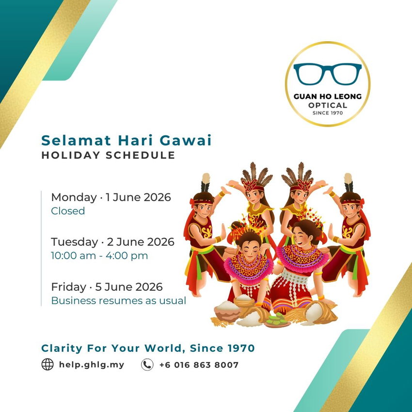 A festive Hari Gawai notice graphic for Guan Ho Leong Optical β BDC, showing closure on 1 June and special hours on 2 June 2026.
