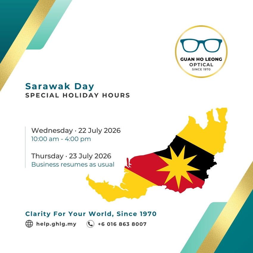 A Sarawak Day notice graphic for Guan Ho Leong Optical β BDC, showing special hours on Wednesday, 22 July 2026 (10:00 AM β 4:00 PM) and resuming normal hours on Thursday, 23 July 2026.