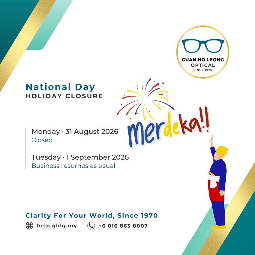 A National Day notice graphic for Guan Ho Leong Optical β BDC, showing closure on Monday, 31 August 2026, and resuming normal hours on Tuesday, 1 September 2026.