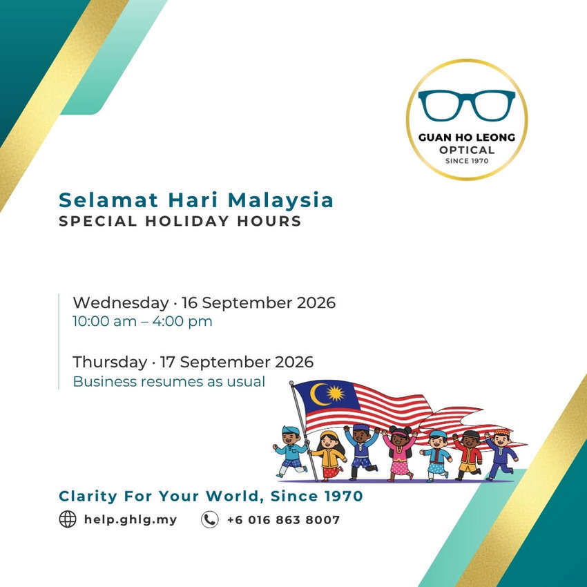 A Malaysia Day notice graphic for Guan Ho Leong Optical – BDC, showing special hours on Wednesday, 16 September 2026 (10:00 AM – 4:00 PM) and resuming normal hours on Thursday, 17 September 2026.