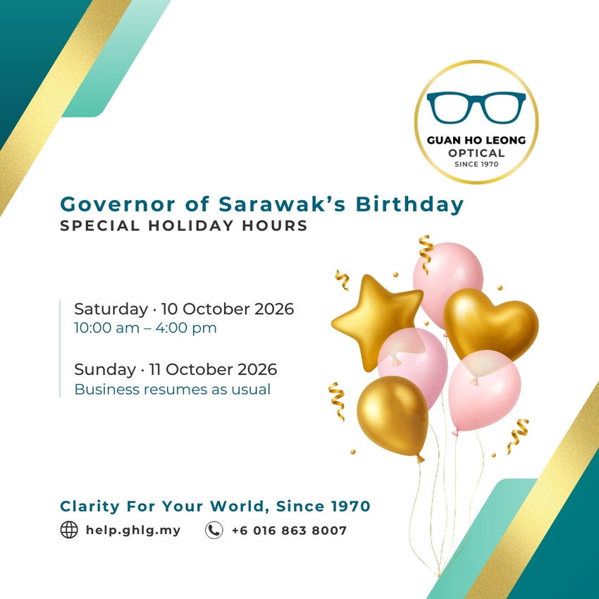 A Governor's Birthday notice graphic for Guan Ho Leong Optical – BDC, showing special hours on Saturday, 10 October 2026 (10:00 AM – 4:00 PM) and resuming normal hours on Sunday, 11 October 2026.
