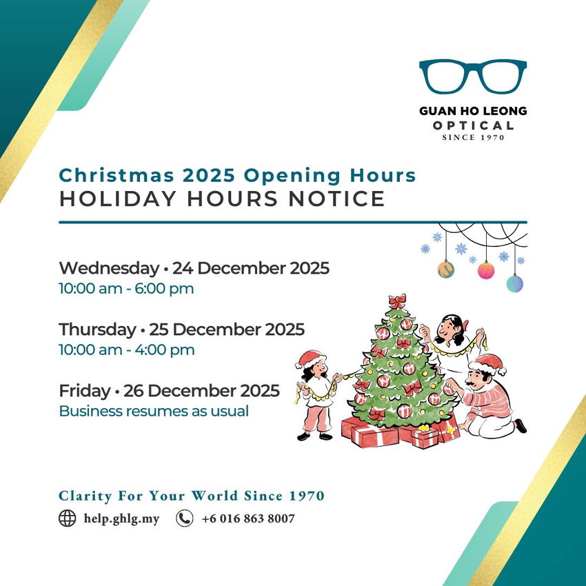 Festive graphic showing Christmas 2025 opening hours for Guan Ho Leong Optical - BDC in Kuching.