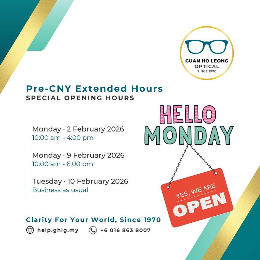 A special notice graphic for Guan Ho Leong Optical - BDC, showing extended opening hours on Monday, 2 February and Monday, 9 February 2026.