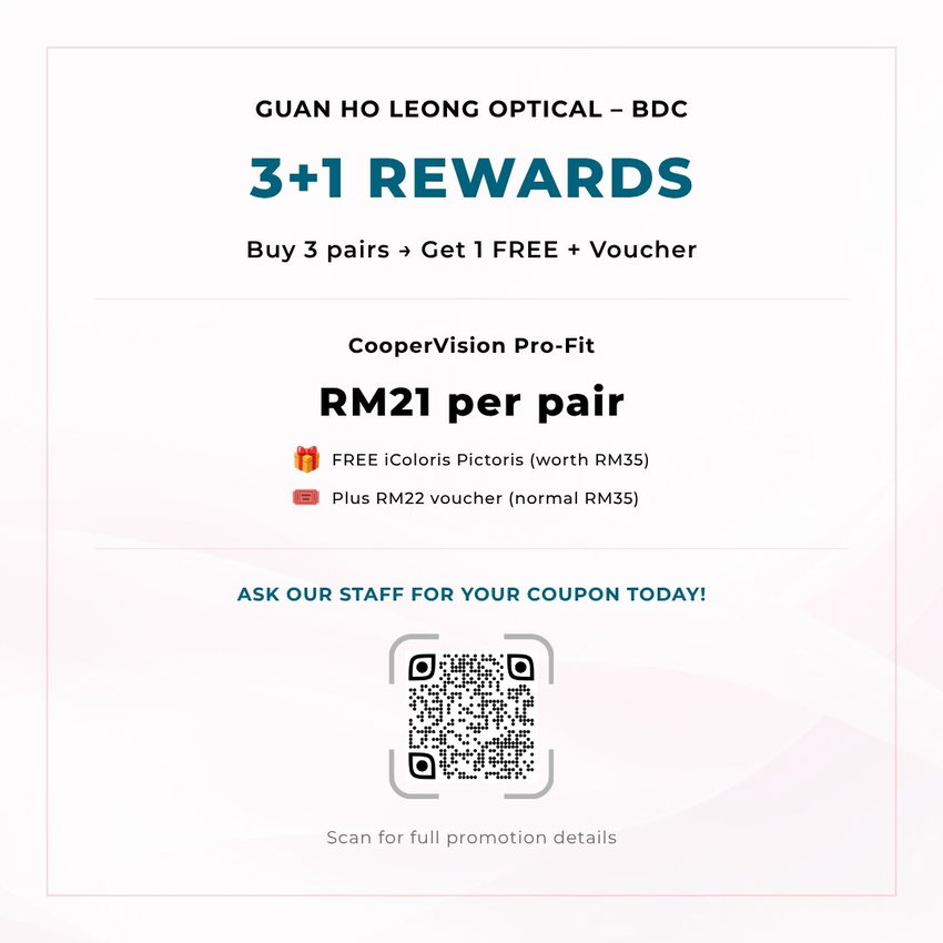 3+1 Rewards promotional graphic for Guan Ho Leong Optical BDC. Buy CooperVision Pro-Fit 3 times at RM21 per pair, get 1 free box of iColoris Pictoris colour contact lenses plus a transferable RM22 voucher. Exclusively at GHL Optical – BDC, Kuching.