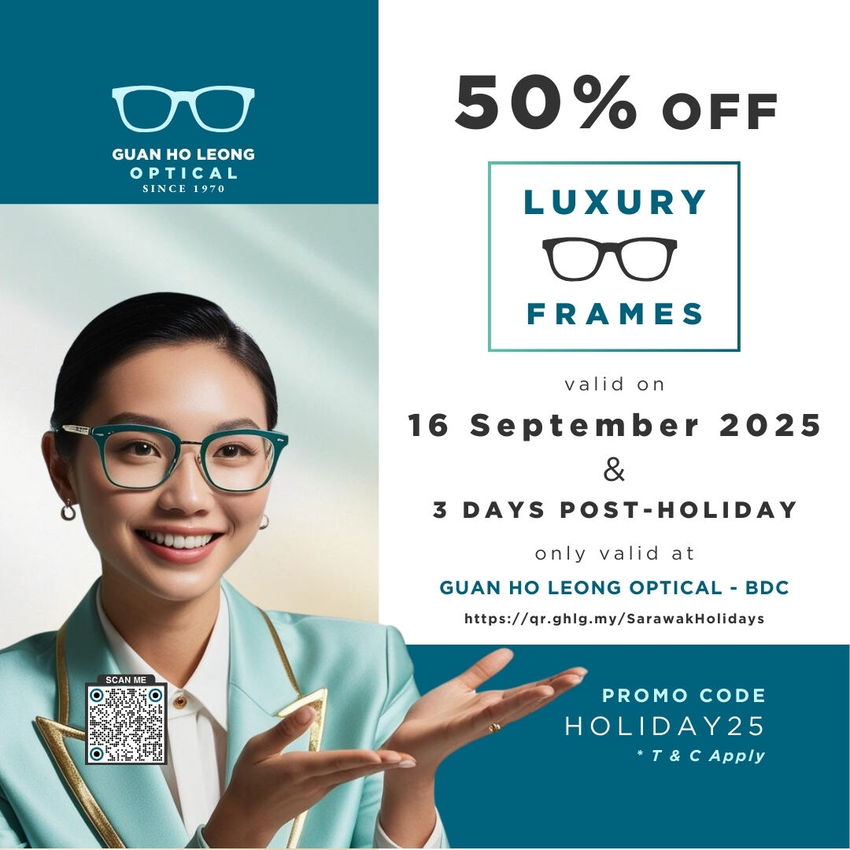 A stylish person of Malaysian Chinese descent smiling confidently, wearing luxury designer eyewear, in front of a minimalist modern optical shop. The mood is celebratory and sophisticated, with hints of the Malaysian flag colours. Photorealistic, high-quality advertising shot.